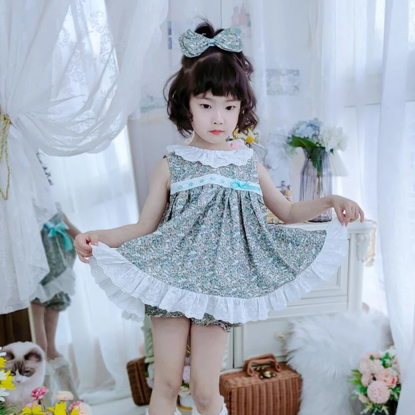 

3PCS Summer Spanish Lolita Princess Ball Gown Sleeveless Lace Bow Stitching Print Birthday Party Easter Dresses For Girl A318