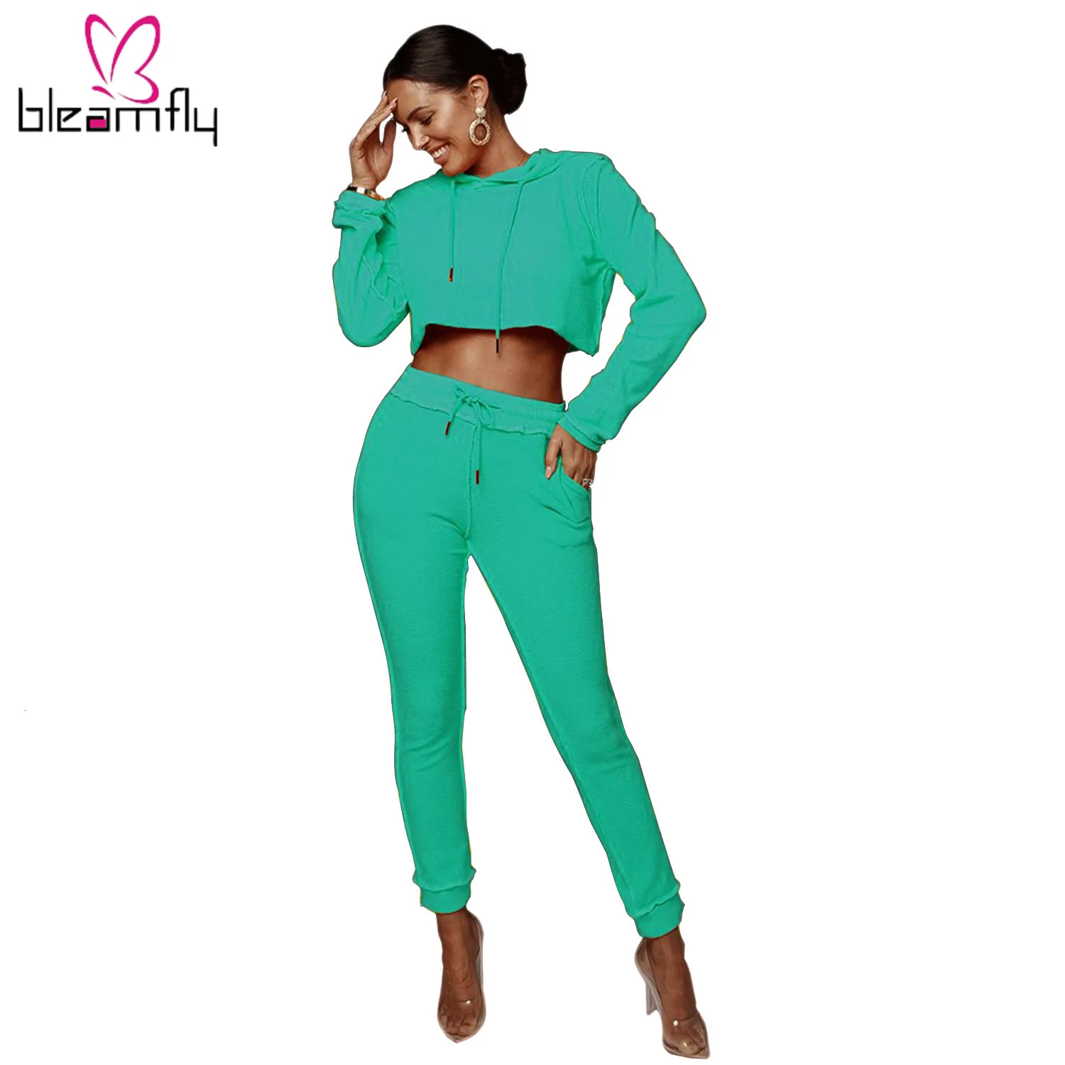 Осенняя Женская однотонная толстовка с капюшоном и длинным рукавом костюм со