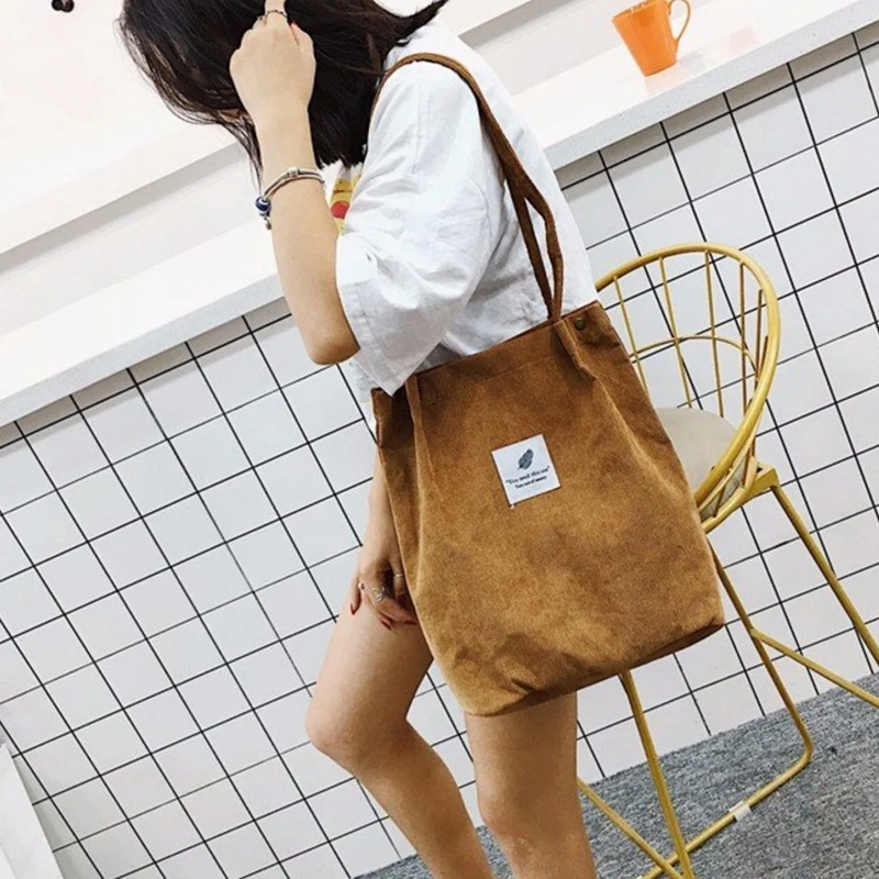 

Women Corduroy Shopping Bag Female Canvas Cloth Shoulder Bag Environmental Reusable Foldable Storage Handbag