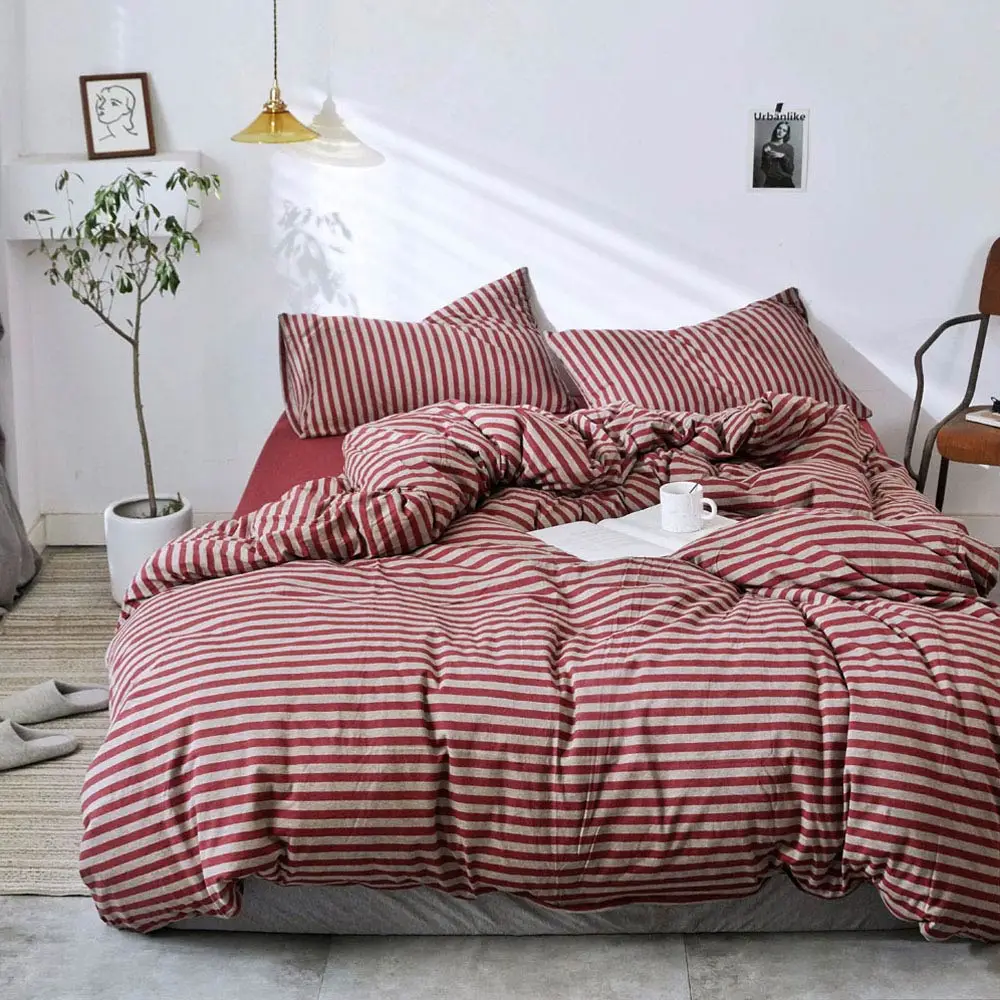 

Wine Red Grey Stripes Bedlinens Ru Europe Queen Size Knitted Cotton Soft Warm Fitted Sheet Bedding Duvet Cover Set