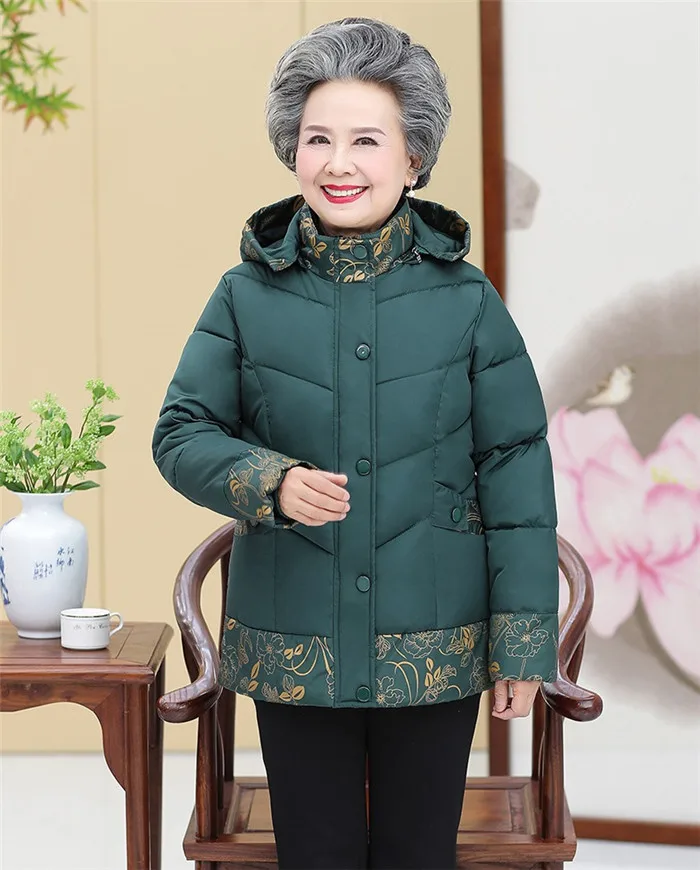 Пальто из хлопка для пожилых мам 60-70 зимние куртки г. Новые плотные теплые пальто с капюшоном и принтом куртка для Parkers верхняя одежда для мам A1021