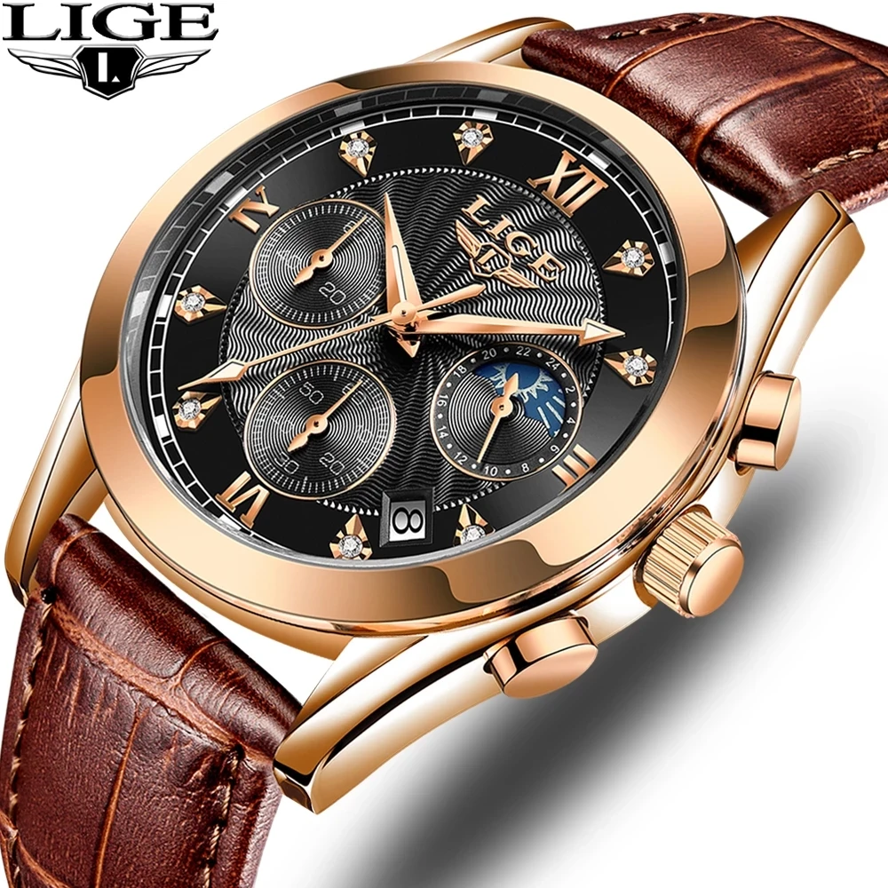 

LIGE New Fashion Men Watches Analog Quartz Wristwatches 30M Waterproof Chronograph Sport Date Leather Band Watches montre homme