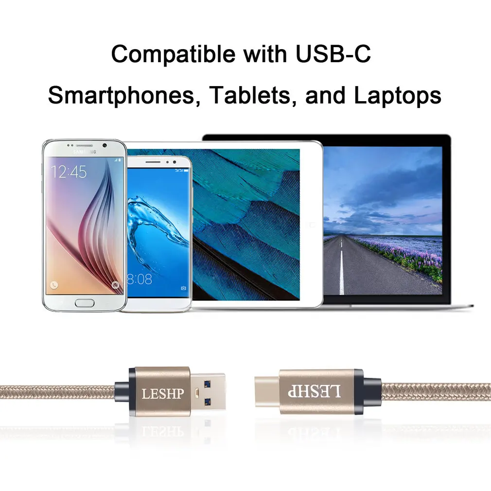 

LESHP Durable Lightweight Safe Metal shell Nylon Braided Large Current USB3.0A to USB Type-C Charging Data Charger 2M Cable