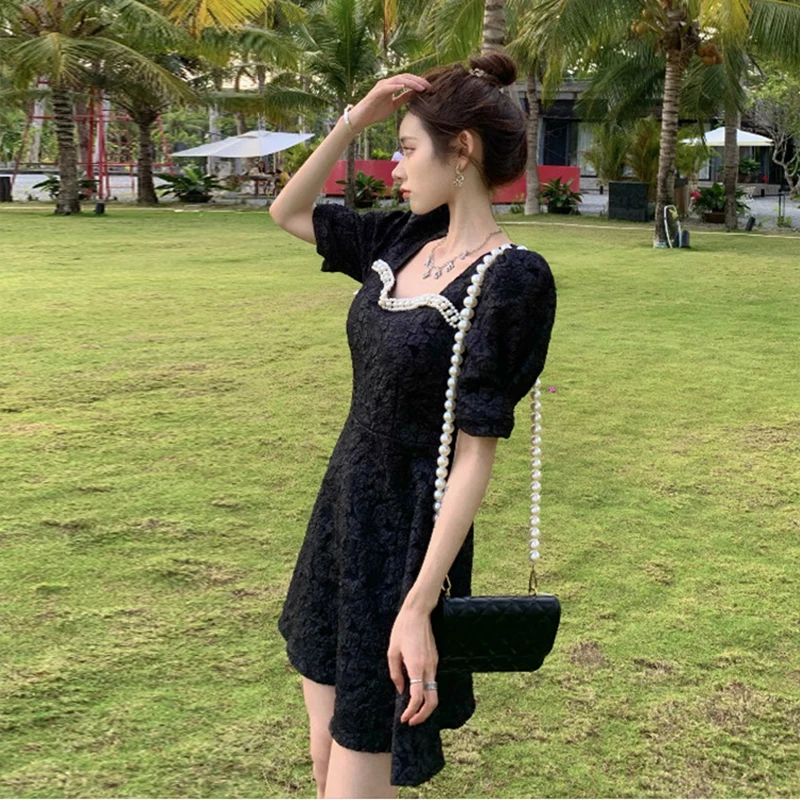 

Elegant Women Summer Dress Fashion Pearl Puff Sleeve Black Party Beach Dress Vacation Sexy Slim Mini Dress High Waist Vestidos