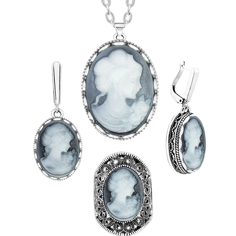 Lady Queen Cameo Jewelry Sets Vintage Necklace Earrings Ring For Women Flower Pendant Fashion Party Jewelry|necklace earring|necklace earrings