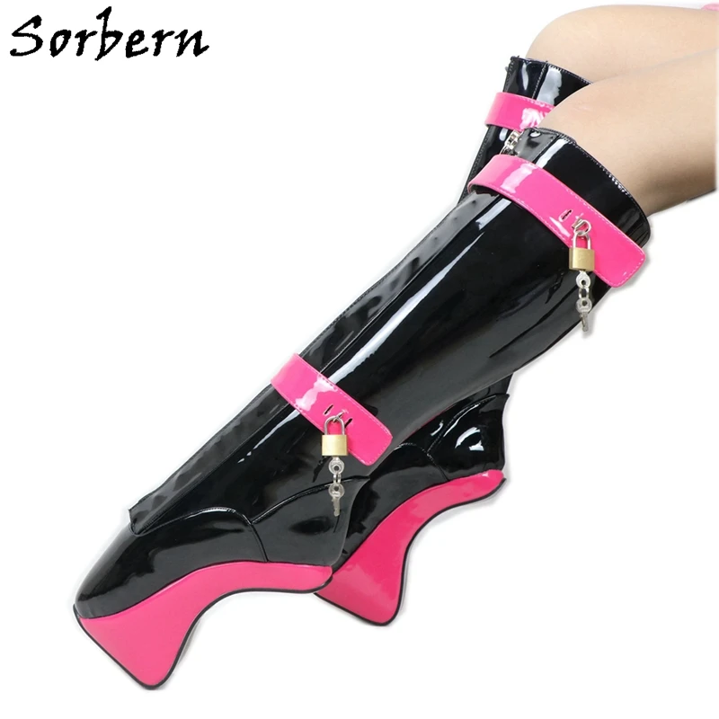 Sorbern Peach Black Patent Women Boots Knee High Ballet Hoof Ladies Heelless Lockable Lace Up Boot Fetish High Heel Shoes
