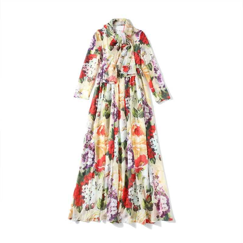 

Fashion Chiffon Printed Dress and Silk Scarf Long Sleeved Elegant Flower Women Dresses Spring Autumn