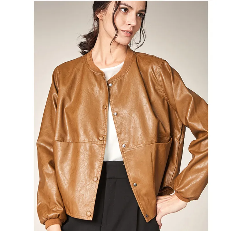 Коричневые Модные женские кожаные куртки большого размера s короткая черная