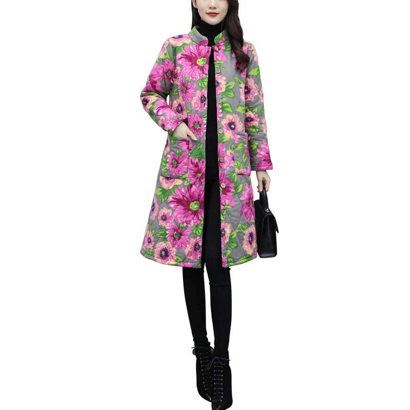 

Women's Trench Coat Printing Long Section Windbreaker Winter Plus Velvet Warm Coat Chinese Style Retro Lady Elegant Overcoat