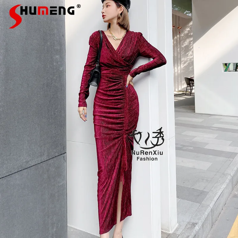 

2021 New Autumn Winter Ladies Sexy Corduroy Split Ankle-length Dress Women Elegant Puff-sleeve V-neck Slimming Sheath Long Dress