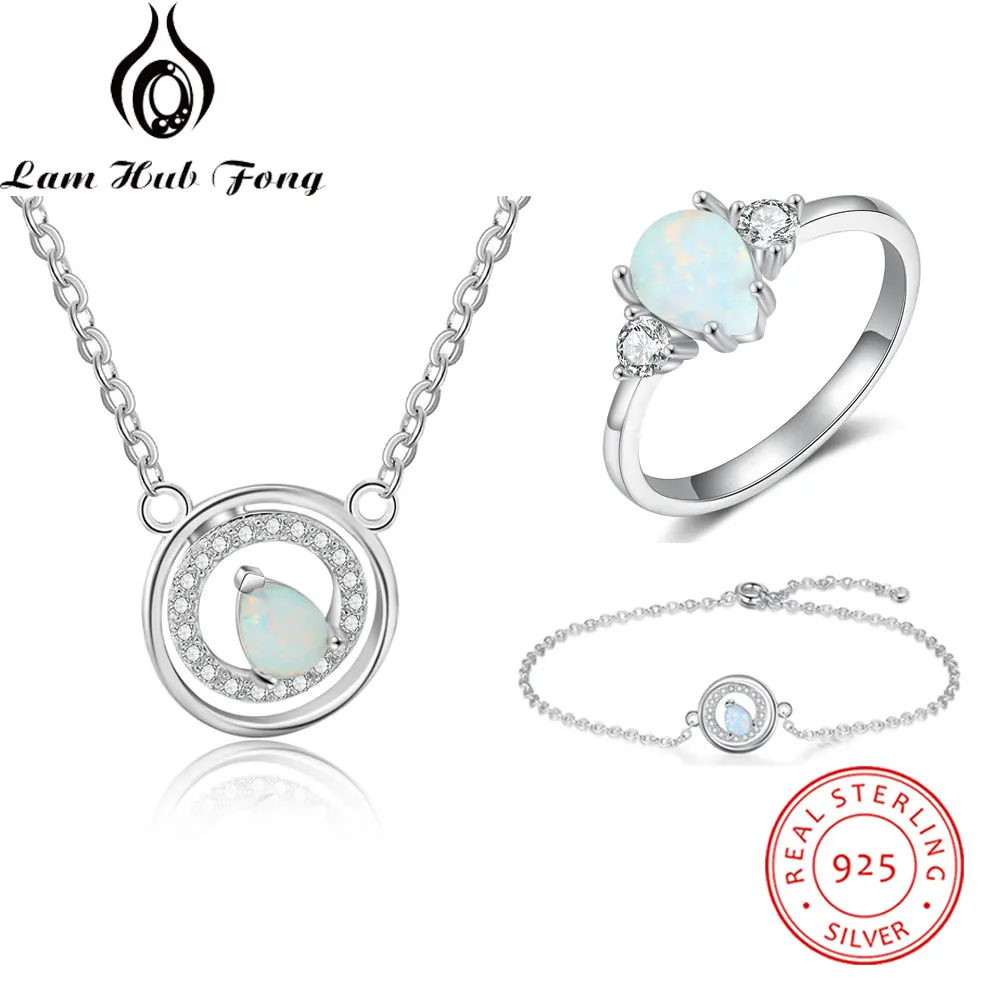Conjuntos de joyas de plata de ley 925, anillos de piedra de ópalo en forma de gota de agua, collares, pulsera de circonita cúbica, conjuntos de joyas (Lam Hub Fong)
