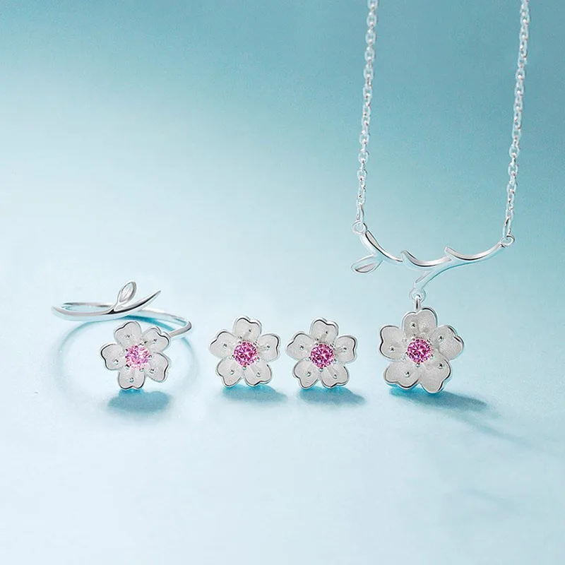 Pink Свадебные Ювелирные наборы, 925 пробы, серебряные, розовые кристаллы, цветущая вишня, цветочные ожерелья, серьги, кольца для женщин - Цвет камня: Pink