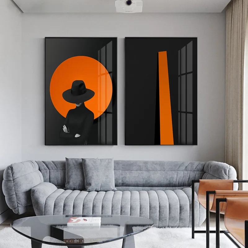 Абстрактная черная Геометрическая живопись оранжевого цвета холст Настенная