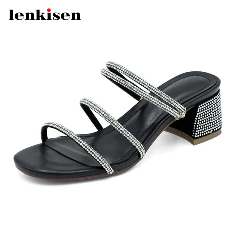 

Lenkisen new leisure plus size dress shiny non-sllip cozy peep toe high square heel rhinestones bling slip on women sandals L8f1
