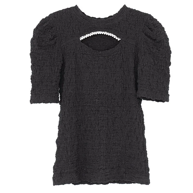 

[DEAT] Women Black Knitting Folds Hollow Out Office Lady T-shirt New Round Neck Short Sleeve Fashion Tide Summer 2021 7E0811