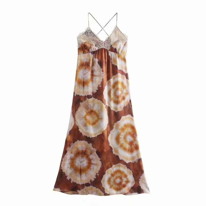 

Summer Women Party Sling long Dresses sexy v neck Vestidos Low-cut Sundresses backless vintage Printed Tie-string Midi Dress Za