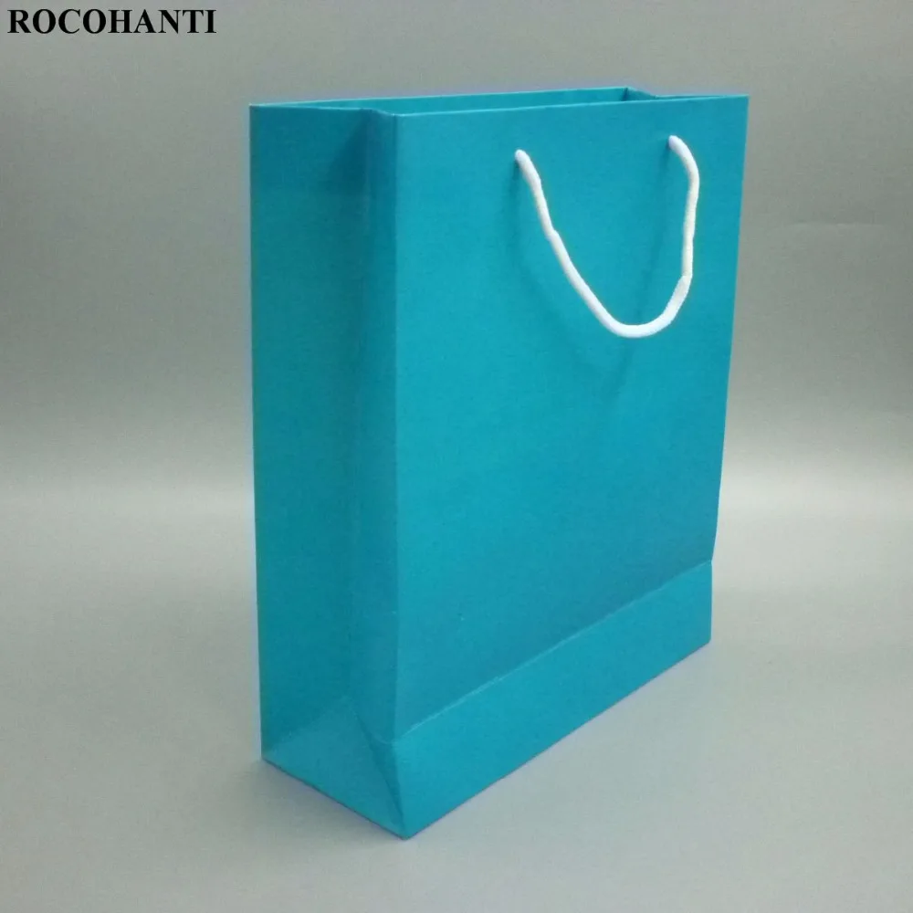 5X250 GSM картонные бумажные пакеты Skyblue рекламная сумка для покупок с ручками из хлопчатобумажной веревки для одежды бутиков средних размеров