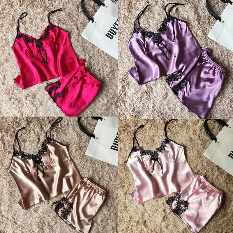 

Sexy Women Pajamas 2 Pieces Sets Fashion Satin Sleepwear Silk Home Wear Lace Sleep Pyjama Soft Women Sleepwear Pyjama Set