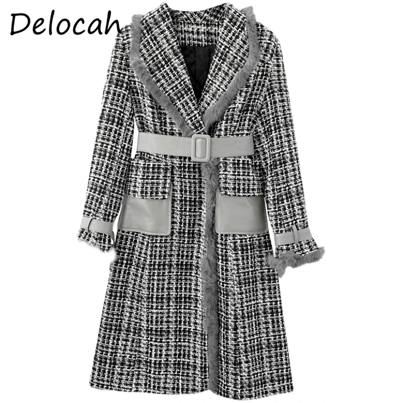

Delocah Women Autumn Fashion RunwayBlends Coat Long Sleeve Bow Sashes Pockets Printed Ladies Bodycon Warm Midi Coats Overcoat