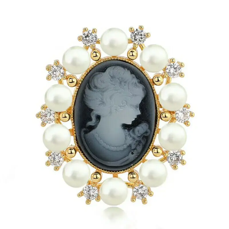 

Fashion Relief Queen Vintage Brooches For Women Luxury Sparking Cubic Zirconia Natural Freshwater Pearl Broches Jewelry