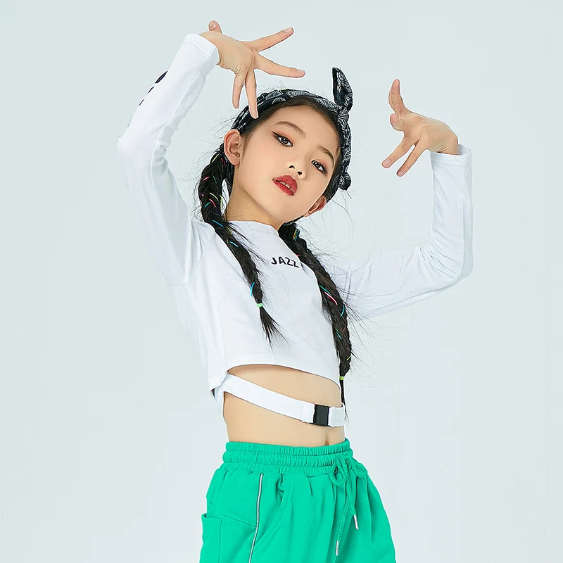 

2021 New Ballroom Hip Hop Dance Costumes For Kids White Top Green Hiphop Pants Jazz Street Dance Wear Girl Stage Outfits 120-170
