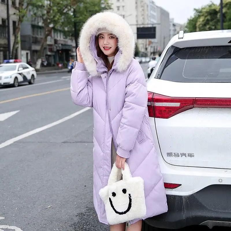 

Dropshipping Winter Long Cotton-padded Jacket Women's Hooded Big Fur Collar Over-the-knee Slim Cotton Jacket