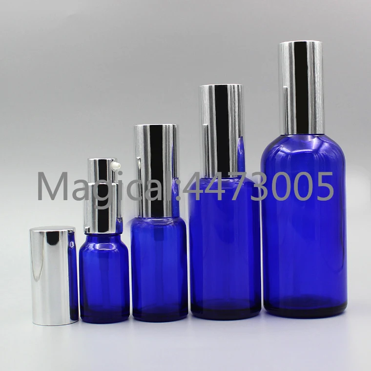 

2/10pcs 5ml 10ml 15ml 20ml 30ml 50ml 100ml Empty Blue Essential Oil Spray Bottle with Silver Aluminum Sprayer Atomizer Cap Cover