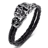 punk stainless steel demon skull leather braided bracelet men hip hop rock jewelry leather bangle trendy male wristband p530