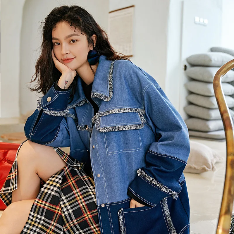 [EWQ] с длинными рукавами со вставками соединением внакрой бахрома Цвет Синий