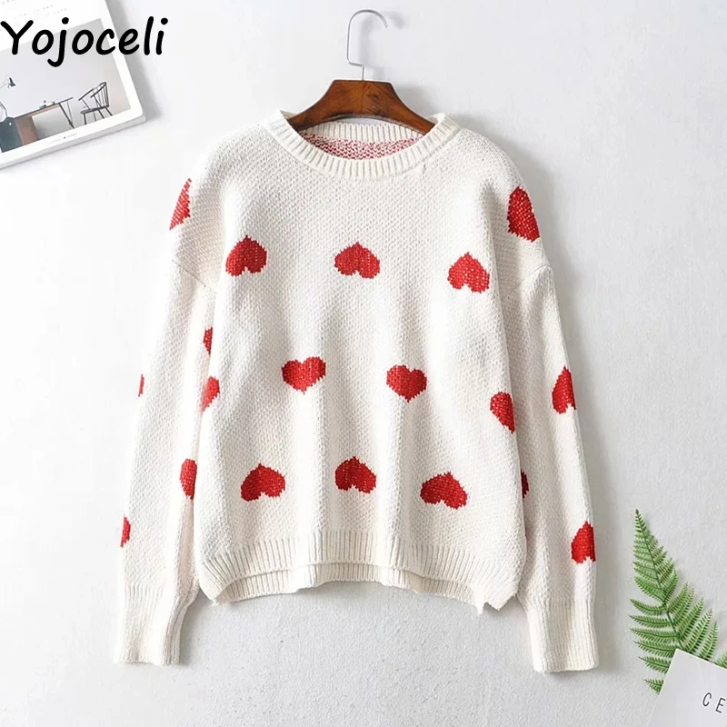 Yojoceli Sexy heart knitted sweater women Autumn winter warm jumper female Casual cute knitting pullover top | Женская одежда