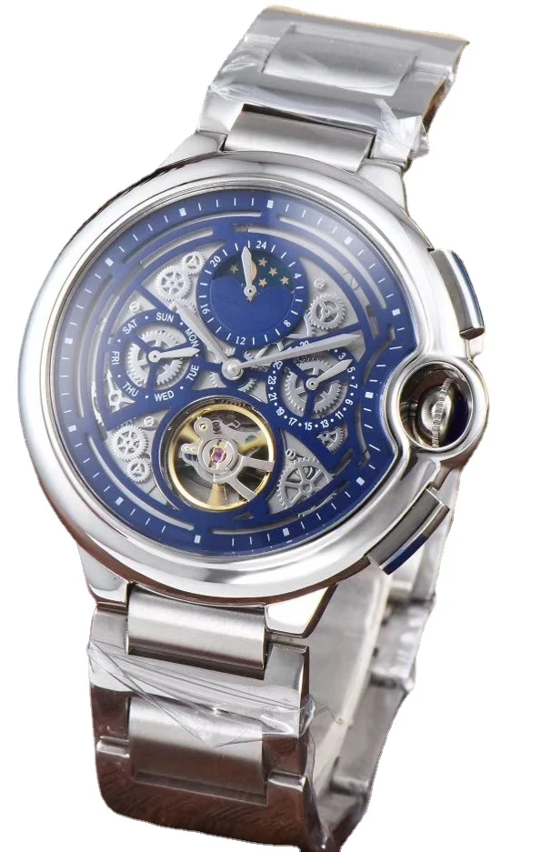 

New Automatic Mechanical Men's Watch GMT Black Rose Gold Day-date Moon Phase Black Blue Tourbillion