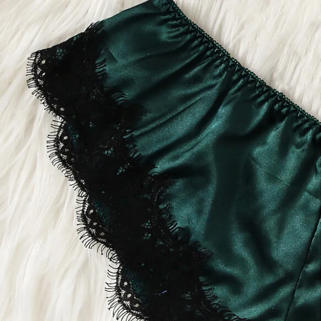 

Womens Sexy Satin Lace Splice Patchwork Bandage Bow Sleepwear Lingerie Underwear Set Ladies Thin Section Bra Panties Set #2