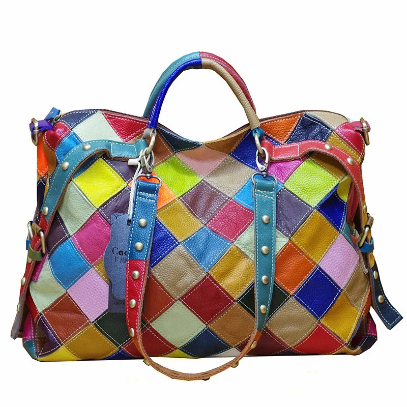 

2021 new hot sale genuine leather cowhide stitching colorful fashion casual designer handbags ladies ol elegant Tote bag