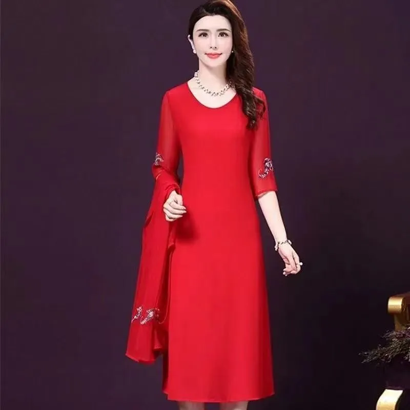 2021 Spring Summer Round Collar Embroidery Xxxl Women Dress New Style Simple Elegant Temperament Mother Female Two Piece Dresses | Женская