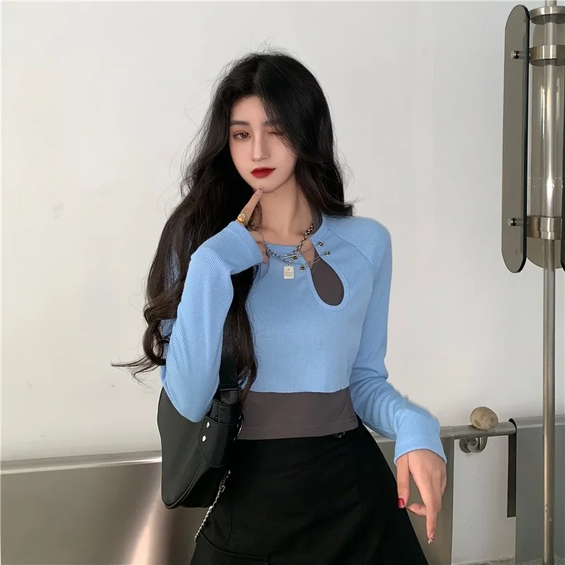 Женская короткая футболка с длинным рукавом облегающая весна-осень 2021 | одежда