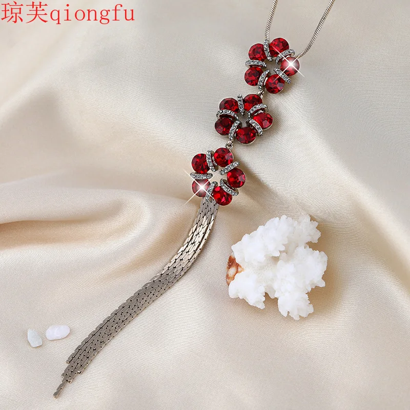 

Glamour Woman Fashion Flower Necklace Gray Blue Ruby Personality Crystal Tassel Necklace Stainless Steel Pendant Boho Jewelry