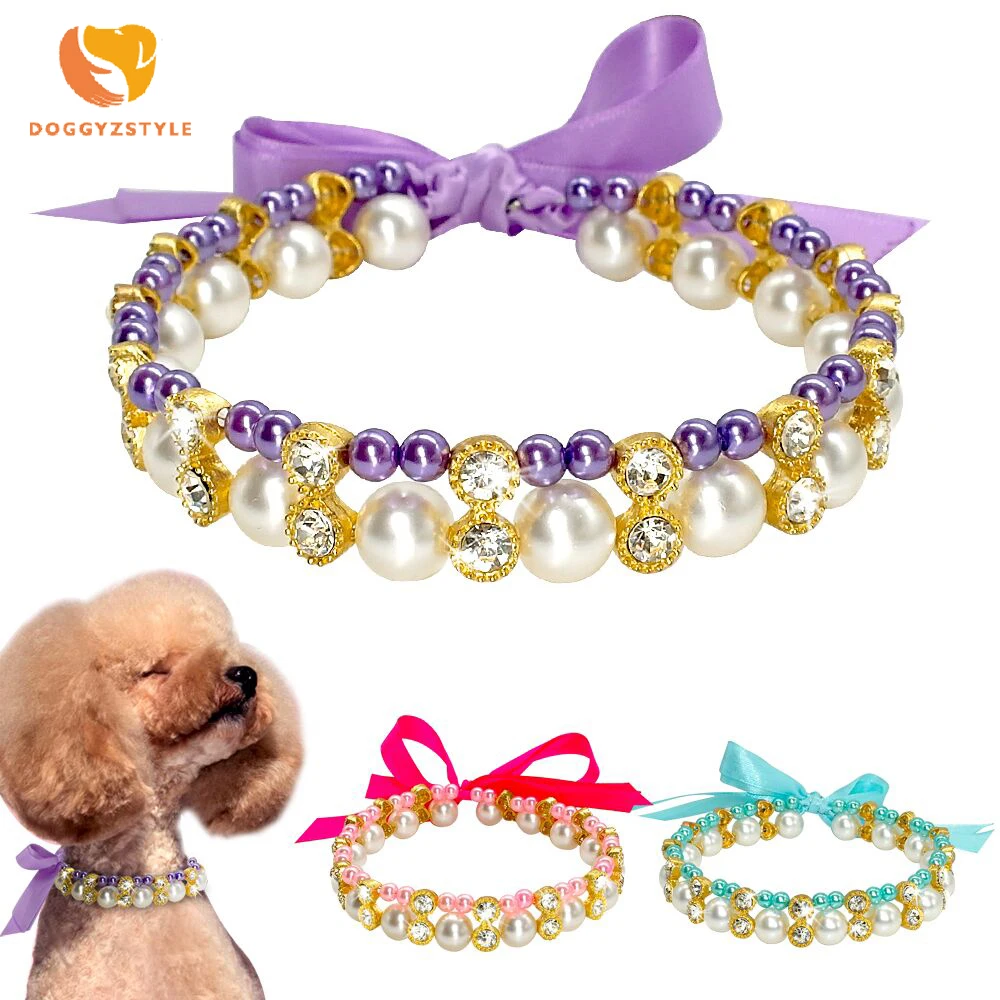 Fashion Pet Collar Puppy Dog Cat Pearl Necklace With Shiny Rhinestone Dogs Cats Collar Chihuahua Bulldog Pet Accessories