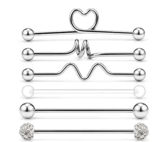 

6PCS/Set Stainless Steel Industrial Barbell Earrings Heart Twist Cone Rainbow Punk Ear Cartilage Helix-Conch Piercing Jewelry