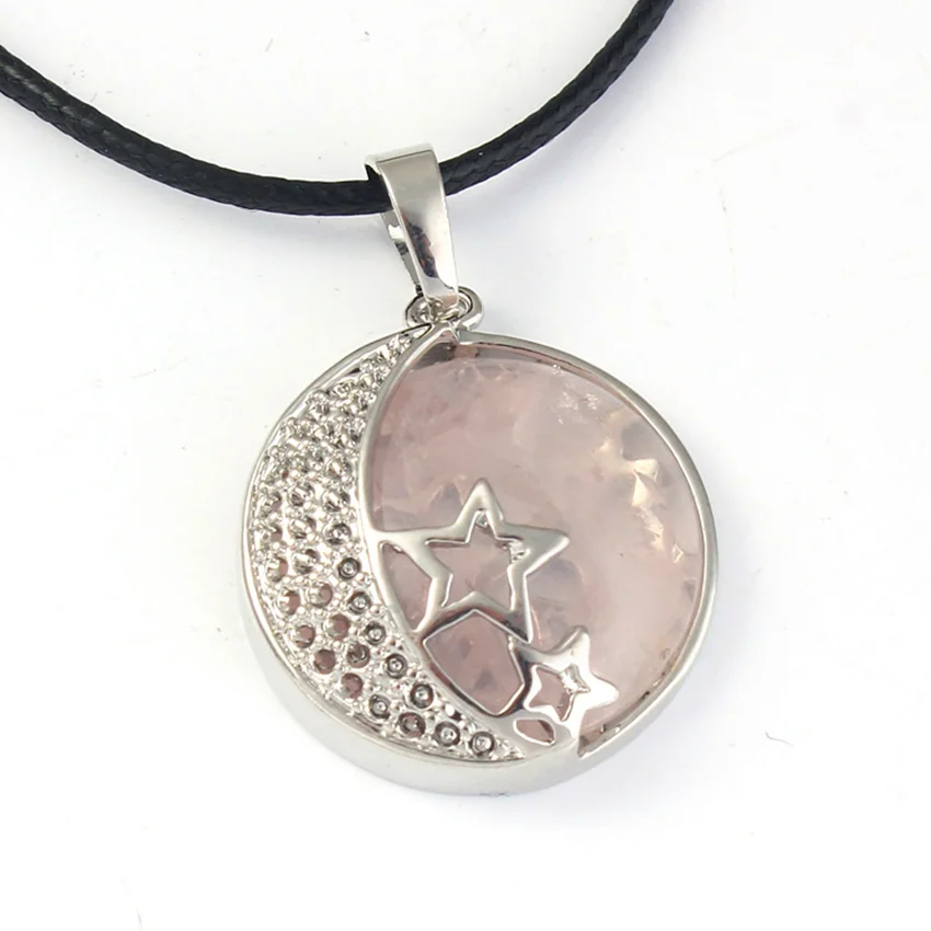 Trendy-beads Popular Silver Plated Natural Rose Pink Quartz Inlay Star Crescent Moon Pendant For Women Jewelry