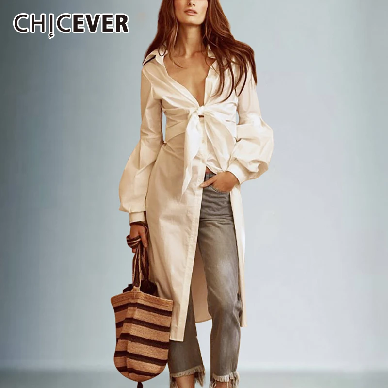 Женская уличная блузка CHICEVER белая длинная рубашка до середины икры с треугольным
