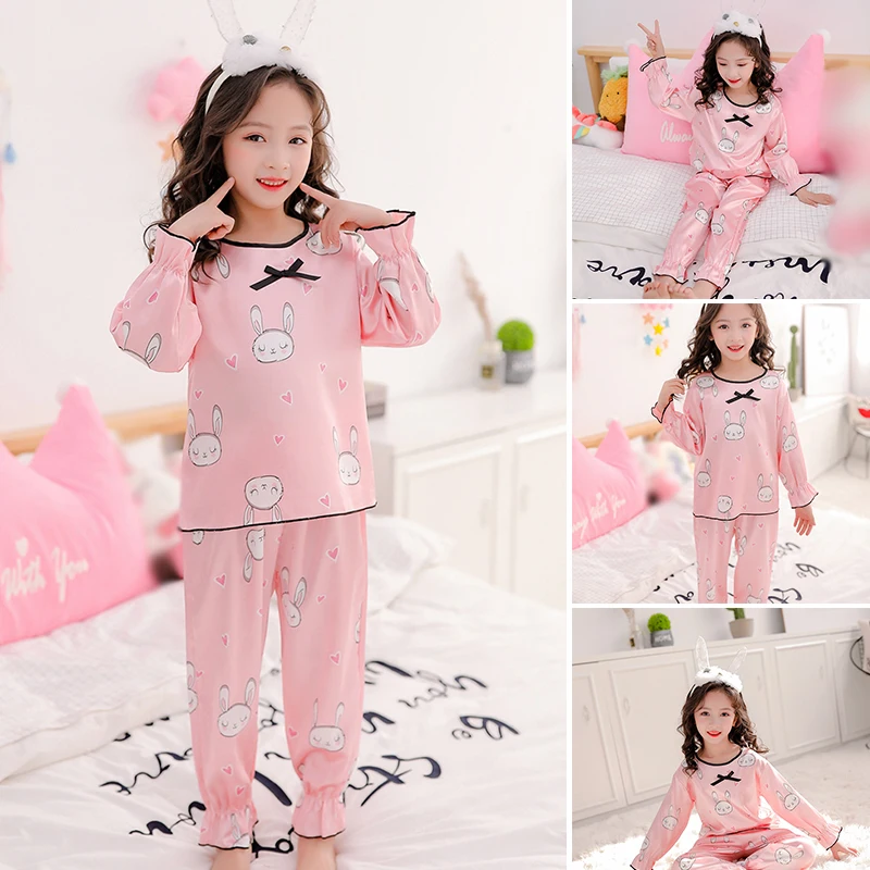 

Spring Girls Silky Pajamas Summer Outfit Long Sleeve Children's Sleepwear Set Cute Print Nightwear Set