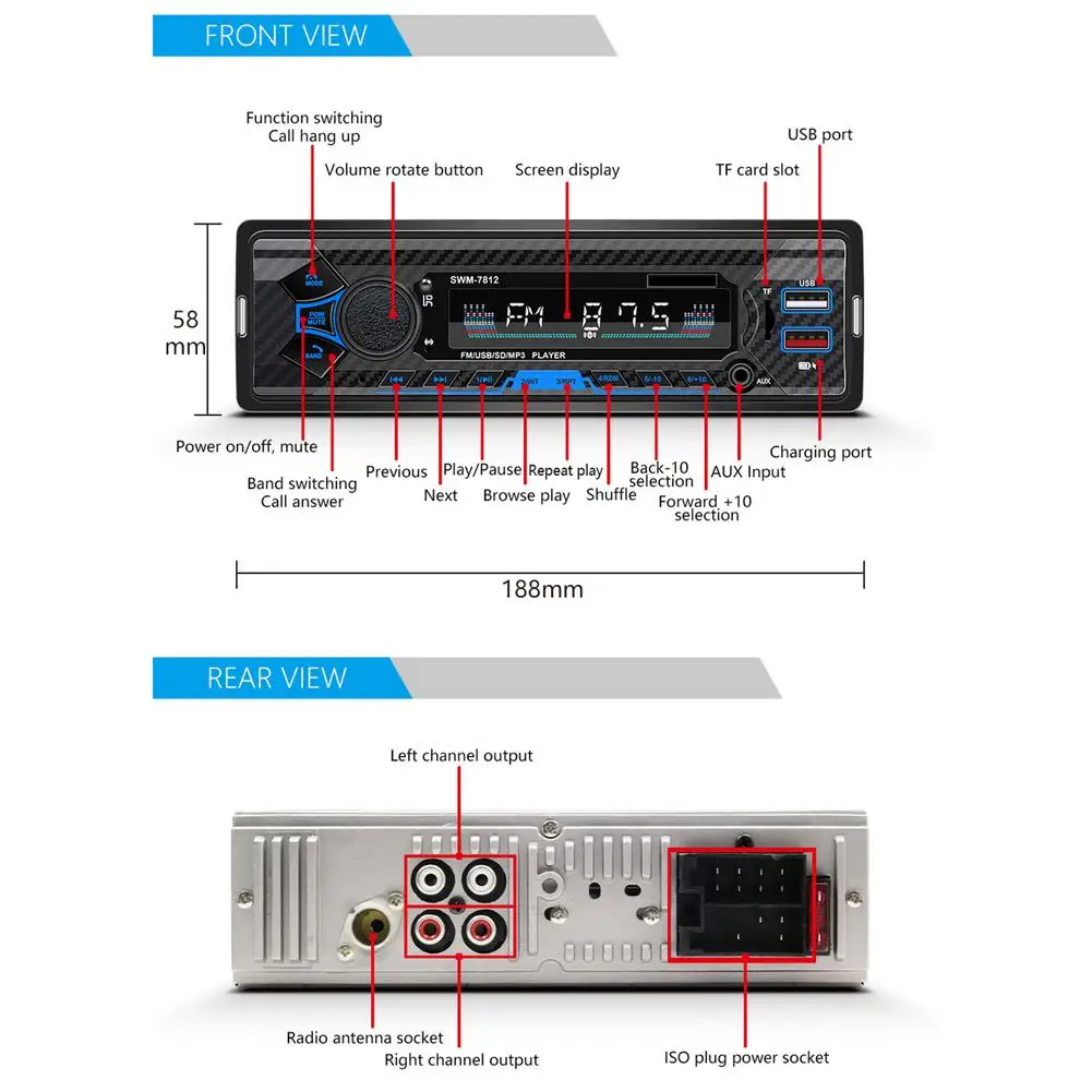 Автомагнитола 1Din стереопроигрыватель Bluetooth Мультимедийный MP3-плеер 12 В Авторадио