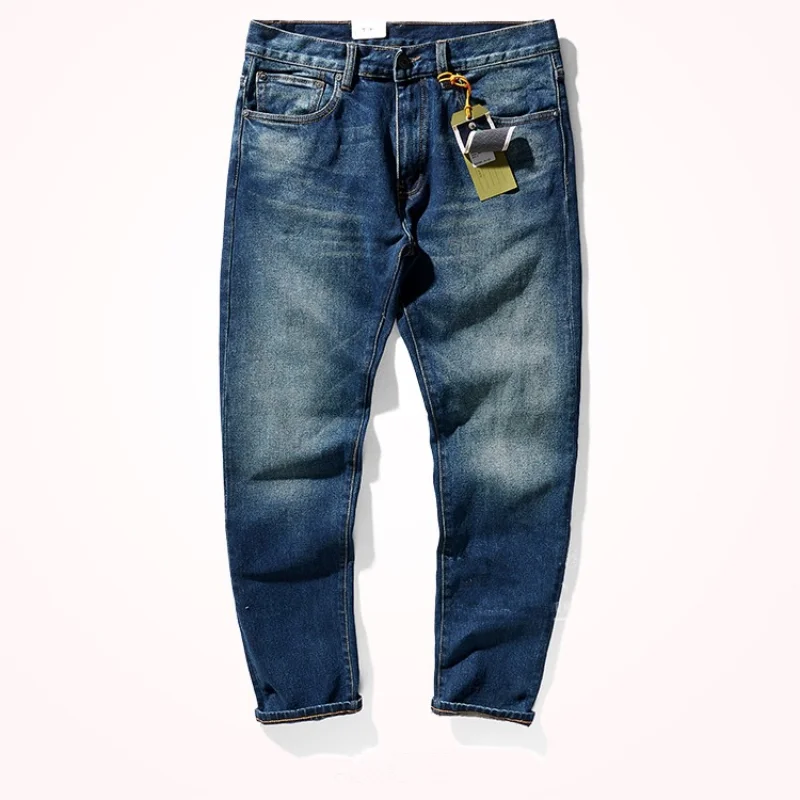 Autumn and Winter Thick Stretch Jeans Men 's American-Style Retro Brushed White Stone Washed Distressed Straight Tapered Denim T