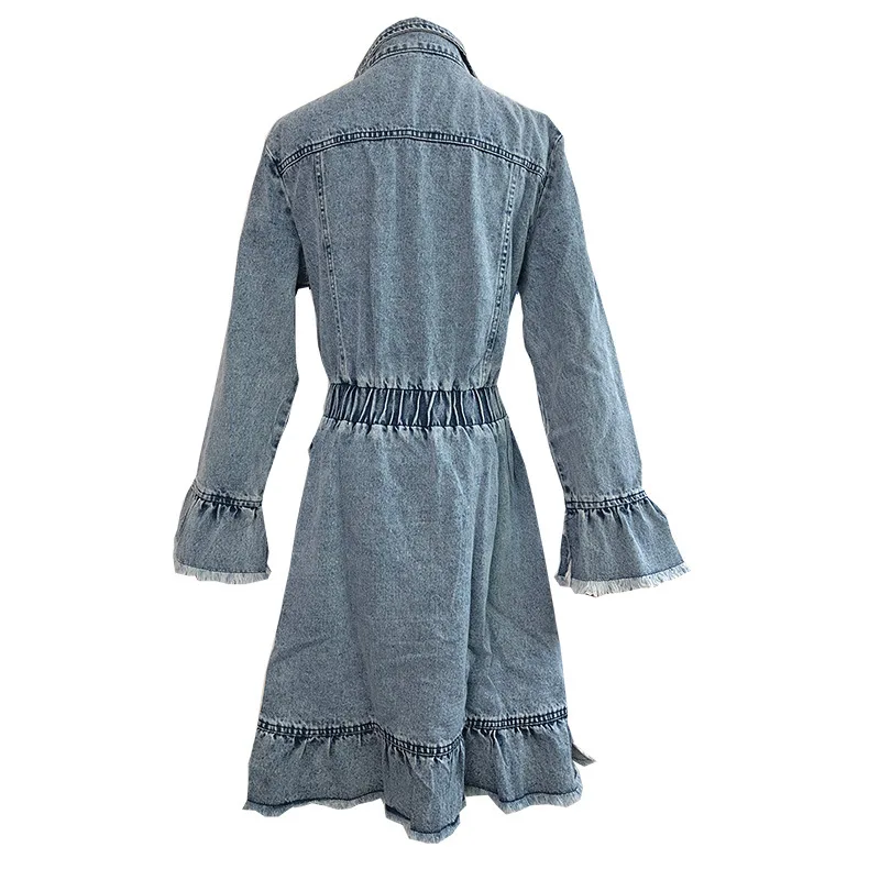 

Blue denim shirt dress Women button up double pocket flare long sleeve elastic wrinkle waist mini dress 2020 vestido jeans