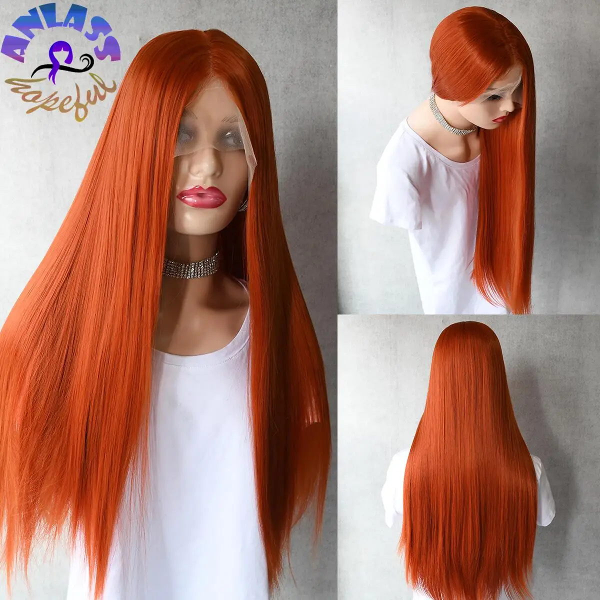 Парик Ginger Wig для женщин длинные прямые синтетические T-образные на сетке спереди