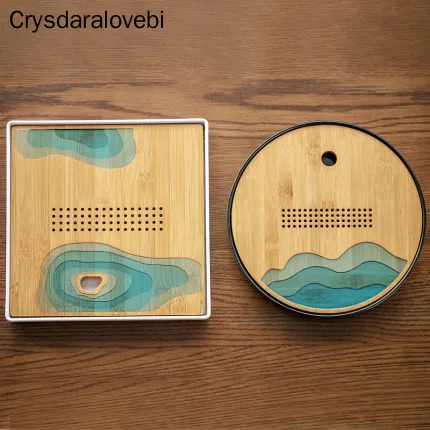 

Household Tea Tray Bamboo Water Storage Japanese-style Simple Tea Set Round Bamboo Wood Panel Melamine Bottom