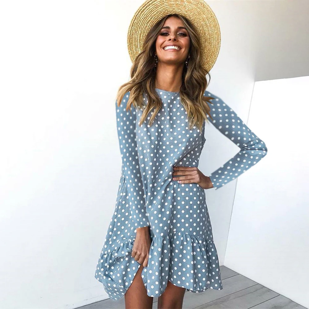 

Autumn Winter Chiffon Dress Long Sleeve Casual Loose Dot Hem Ruffle Dresses For Women Fashion 2020 Fall Clothes For Women