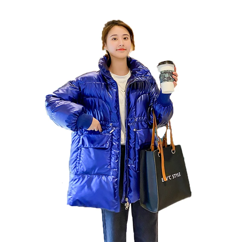 

2021 Winter Thick Warm Down Cotton Coat Parkas Jacket Women New Pink Black Blue Fashion Casual Long Glossy Bread Service Y511