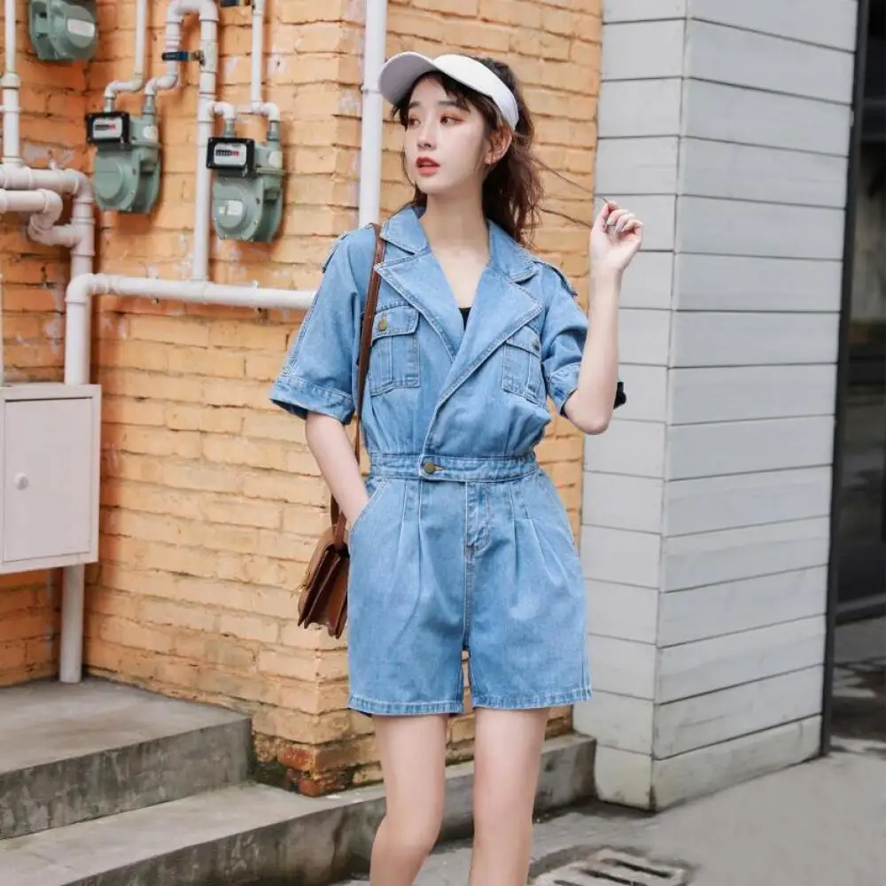 

2020 Korean Version New Temperament Wide-leg Denim Jumpsuit Simple Solid Color Ladies Loose Casual Denim Shorts
