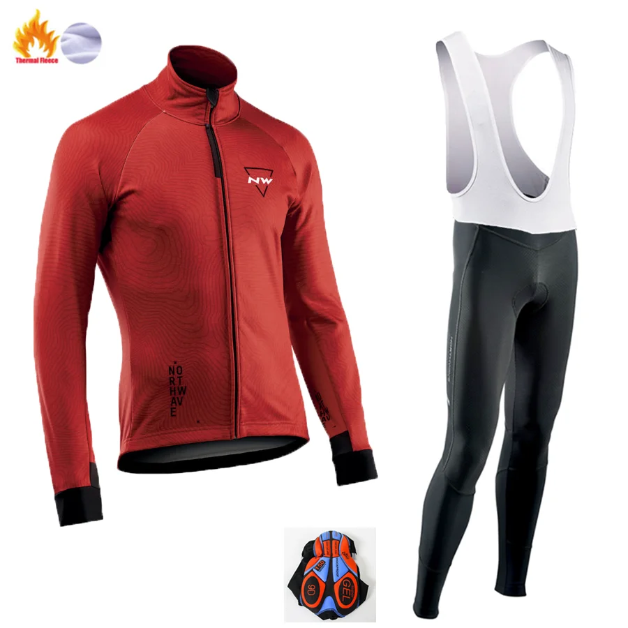 NW North Wave Ciclismo Джерси Pro зимнее Велосипедное снаряжение теплый шерстяной костюм с длинным рукавом набор велосипедных костюмов набор для езды на велосипеде - Цвет: Fleece long sleeve